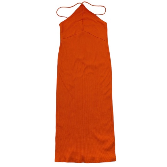 Zara Ribbed Cotton Halter Dress Large Orange - Picture 6 of 16